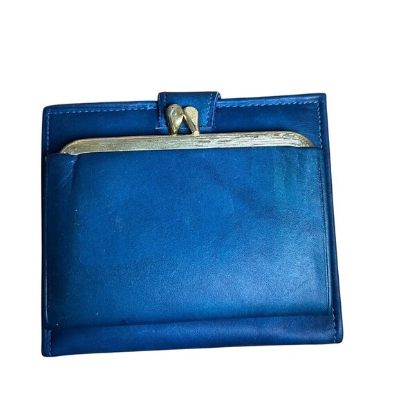 VTG Soft Blue Leather Bifold Wallet Frame Coin Pouch Ranchero Cowhide Women NWOT - Picture 2 of 10